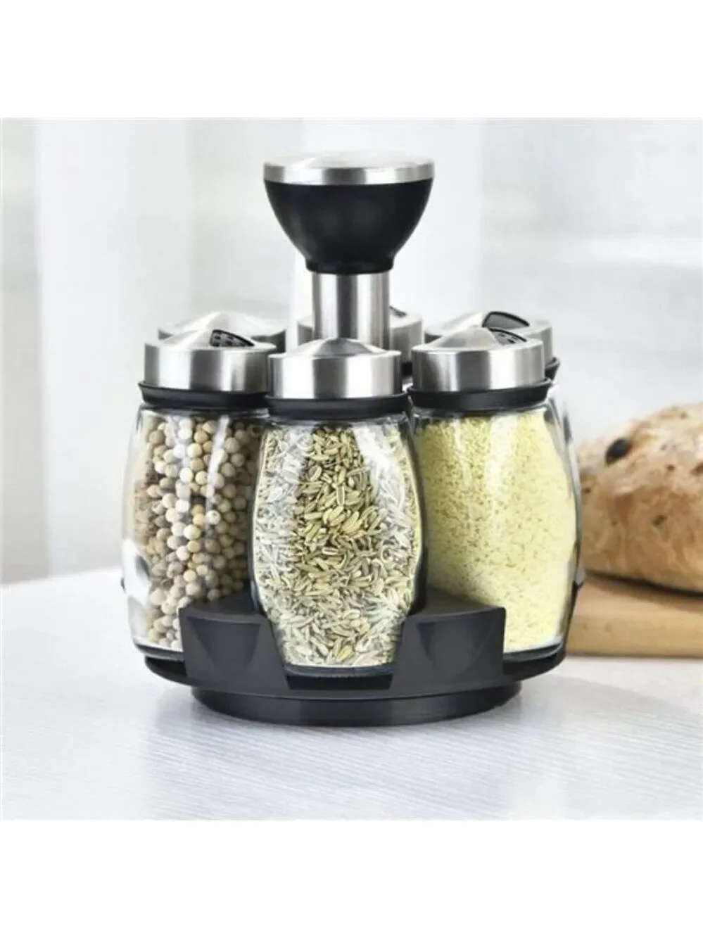 revolving spice rack organizer with 6 glass jars rotating kitchen countertop hol